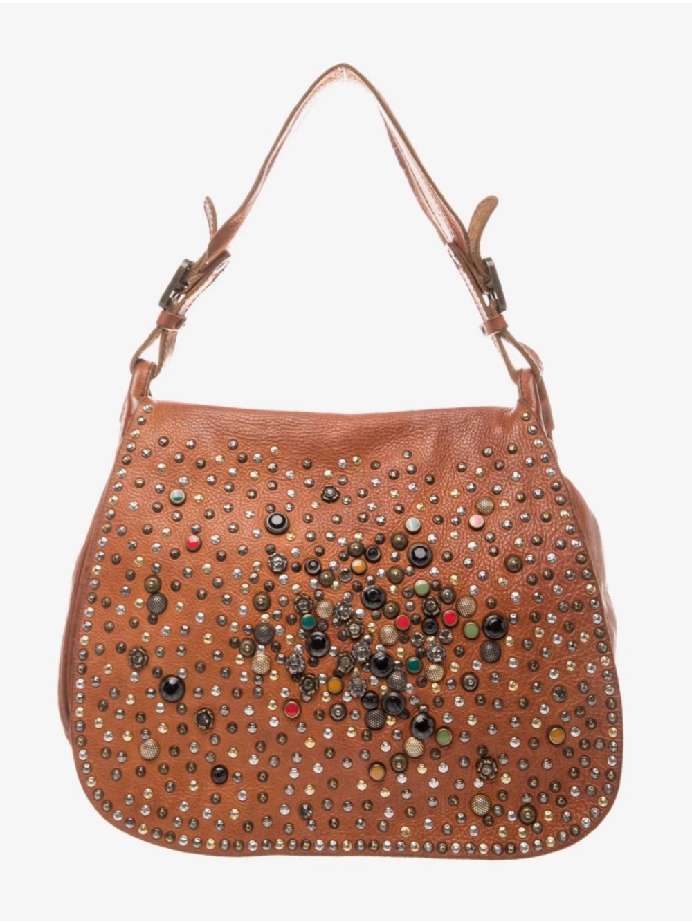 CAMPOMAGGI Cognac Brown Embellished / Studded Leather Urbino Hobo Shoulder Bag